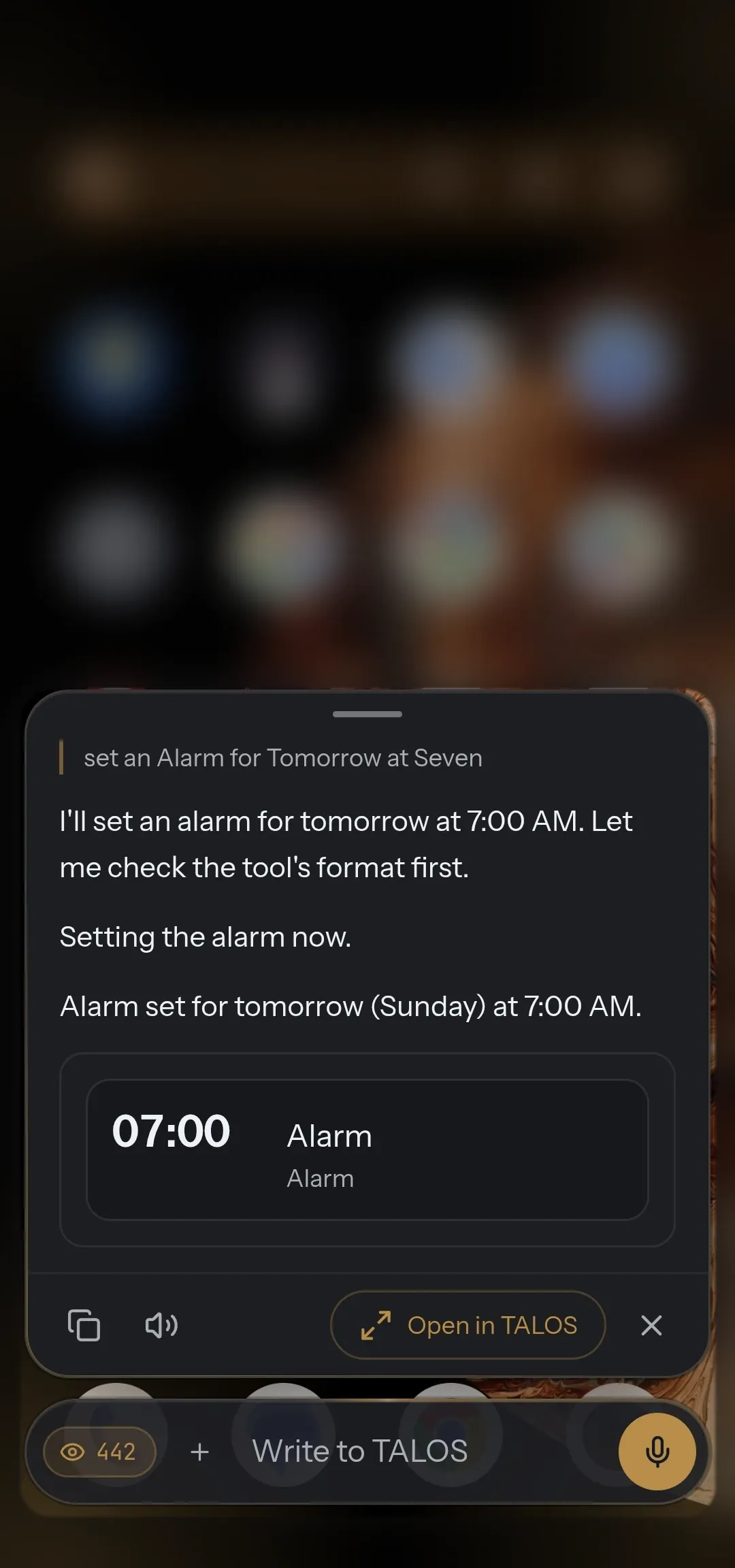 TALOS for Android over the home screen: asked to set an alarm for tomorrow at seven, it sets a 7:00 alarm and shows it.