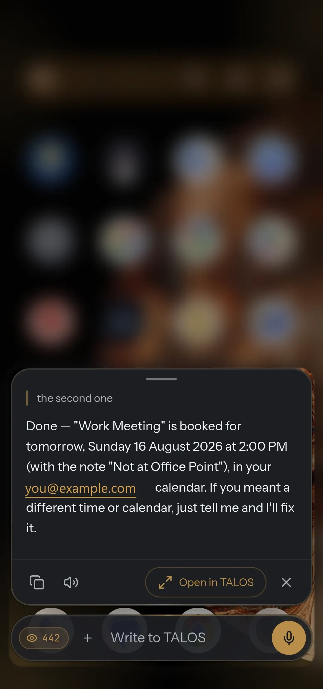 TALOS confirms a “Work Meeting” booked for Sunday 16 August at 2:00 PM in the calendar you@example.com.