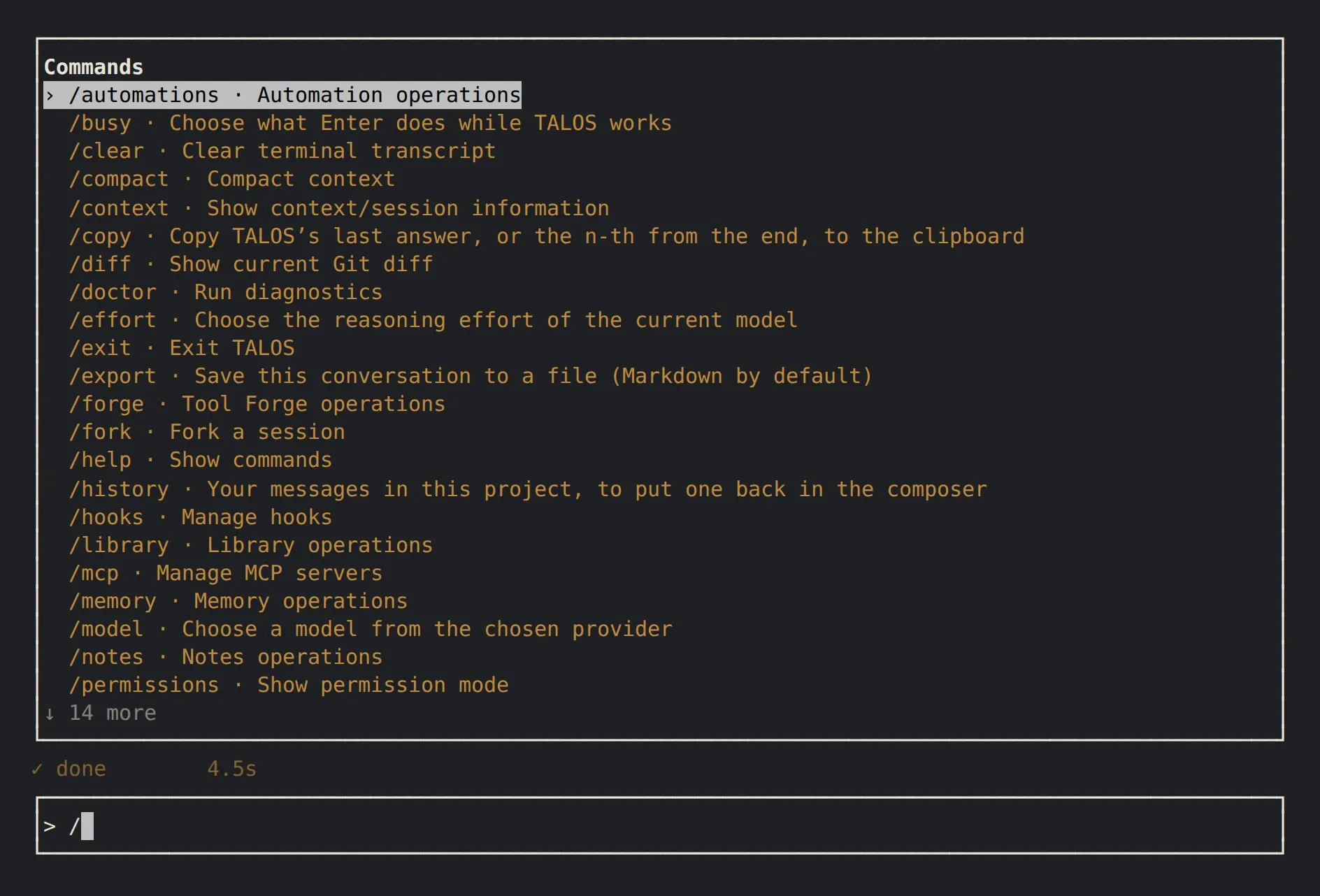 The command list that opens when you type a slash, from /automations to /permissions.
