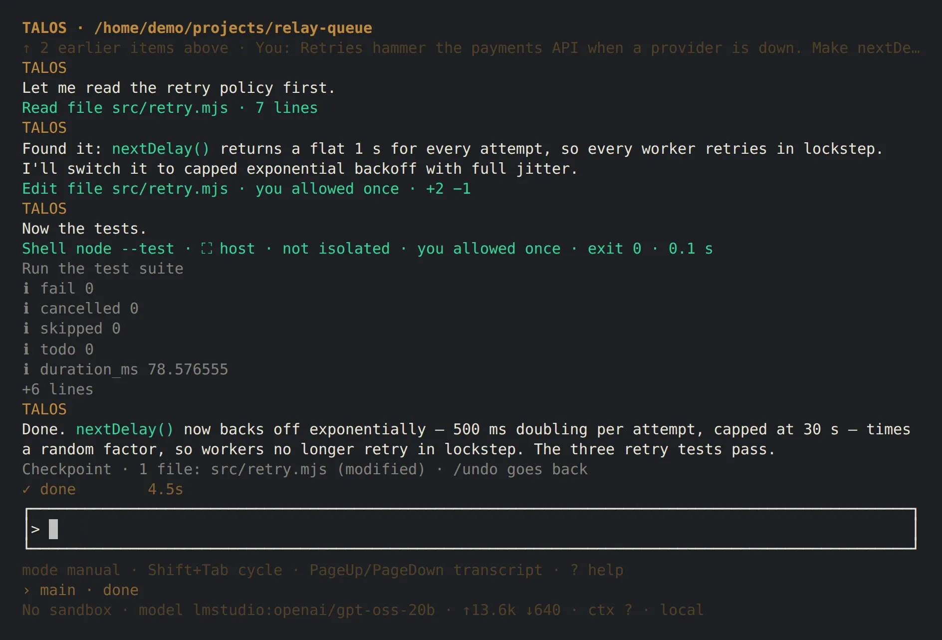 A finished turn: the file read, the edit allowed once, node --test with exit 0, the summary and a checkpoint line.
