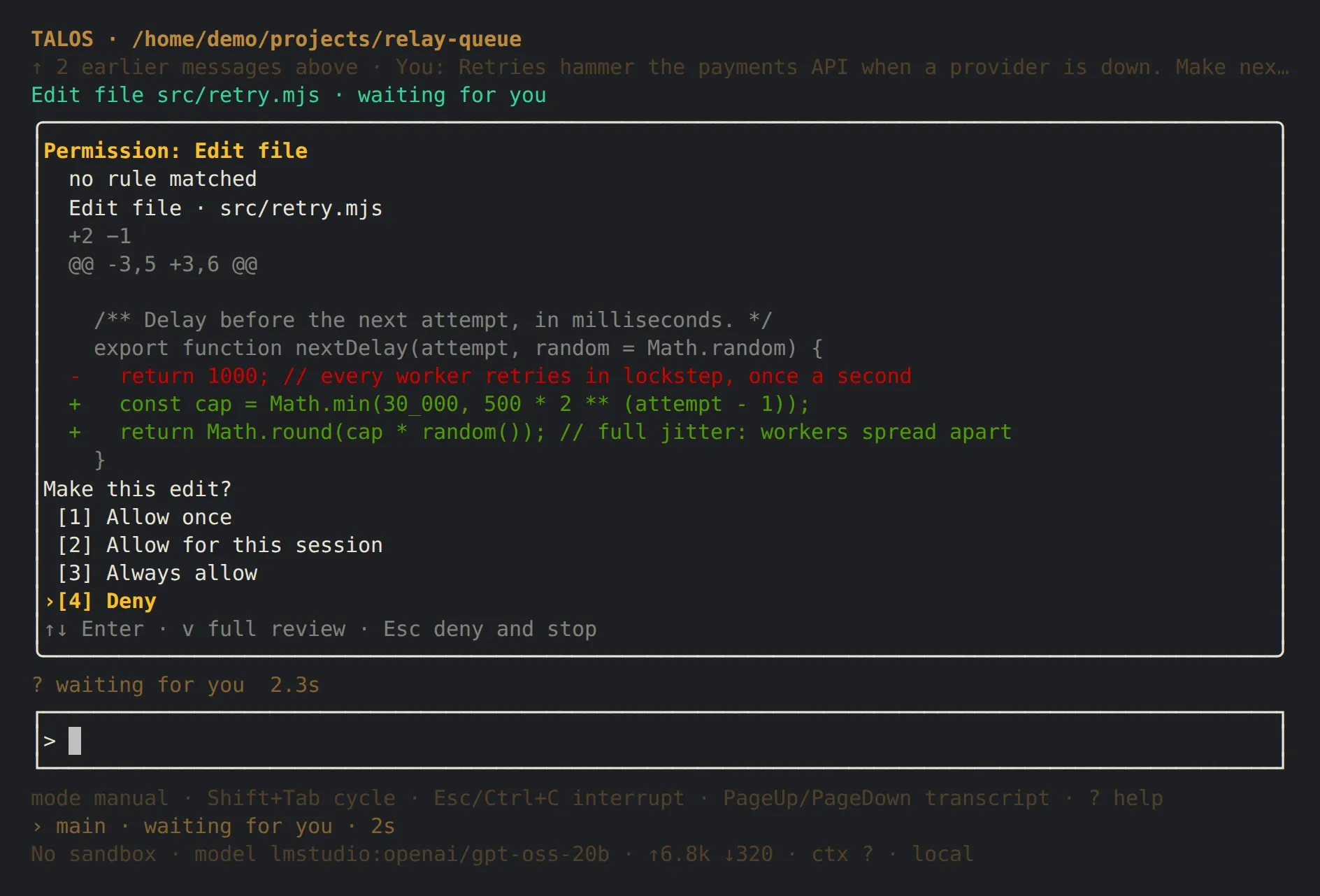 The TALOS CLI asks permission to edit src/retry.mjs, showing the diff and four choices: allow once, for this session, always, or deny.