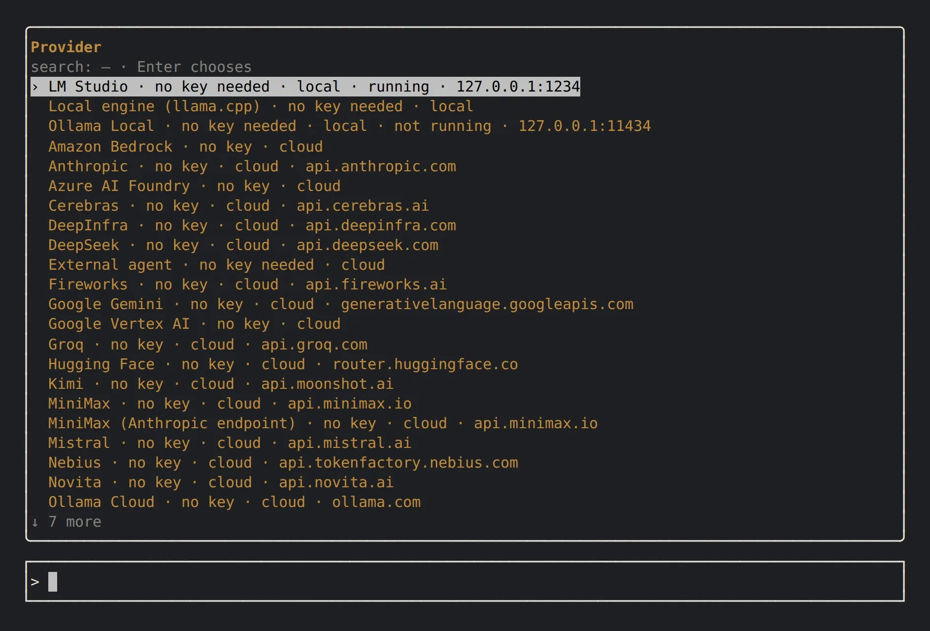 The provider picker: LM Studio running on this computer at the top, then llama.cpp, Ollama and the cloud providers.