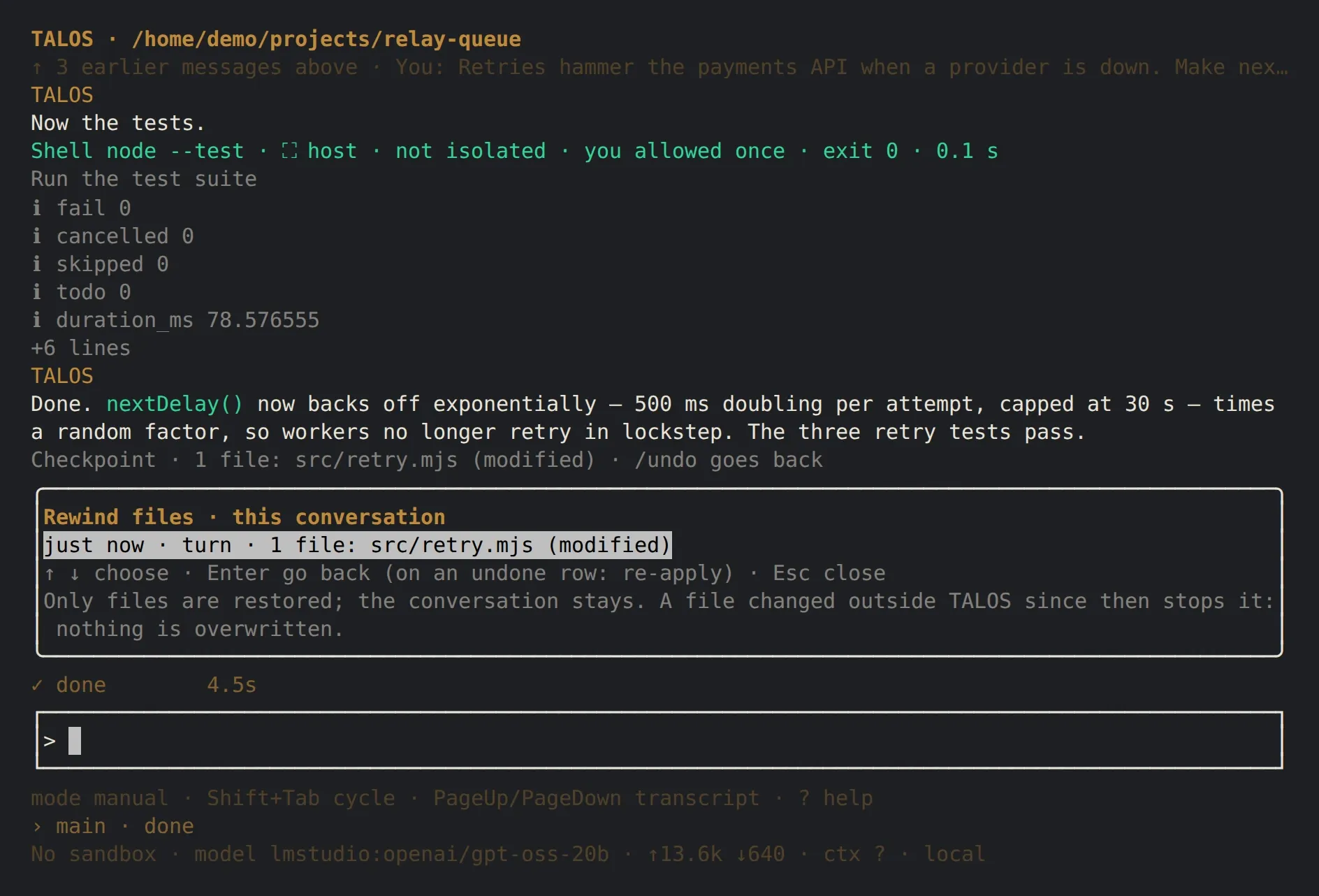 The Rewind files panel listing the last turn and its one changed file, src/retry.mjs.