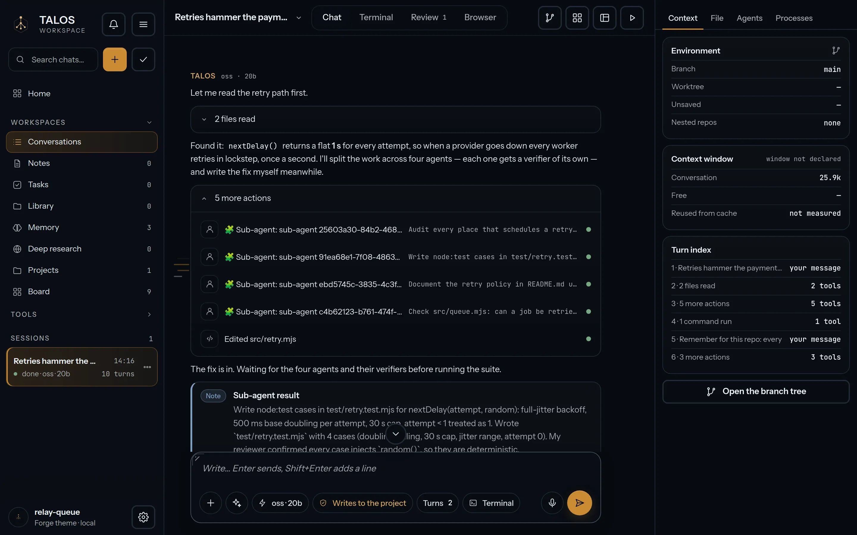 TALOS Desktop: one request split across four agents running in parallel, with the context window beside it.