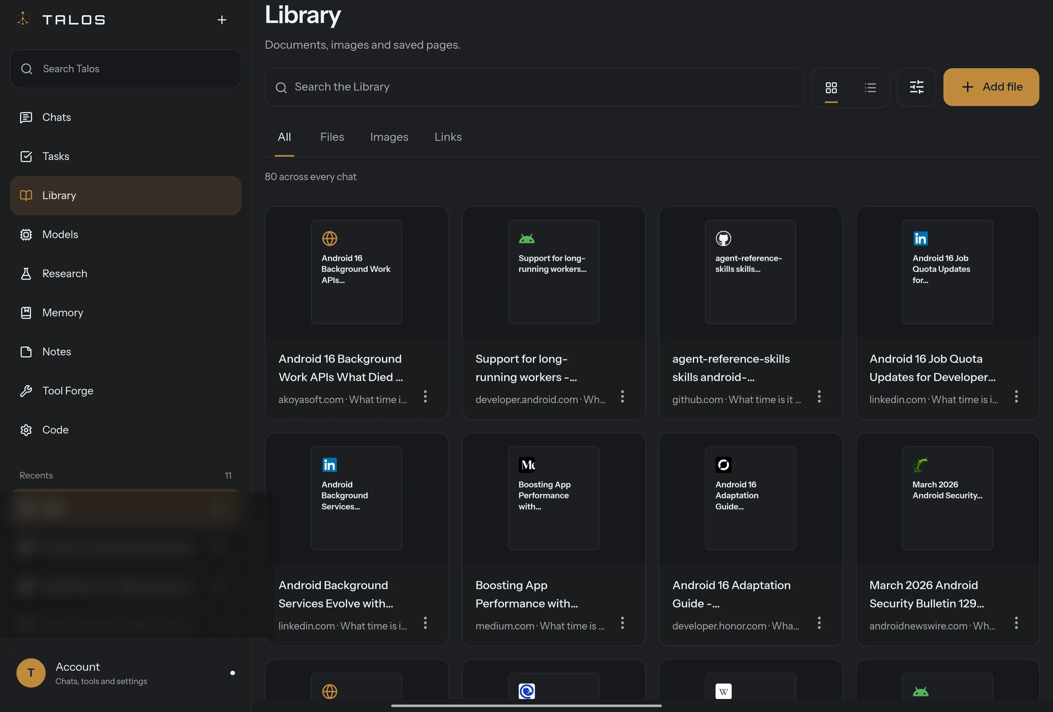 The Library: saved pages from the chats, as cards.