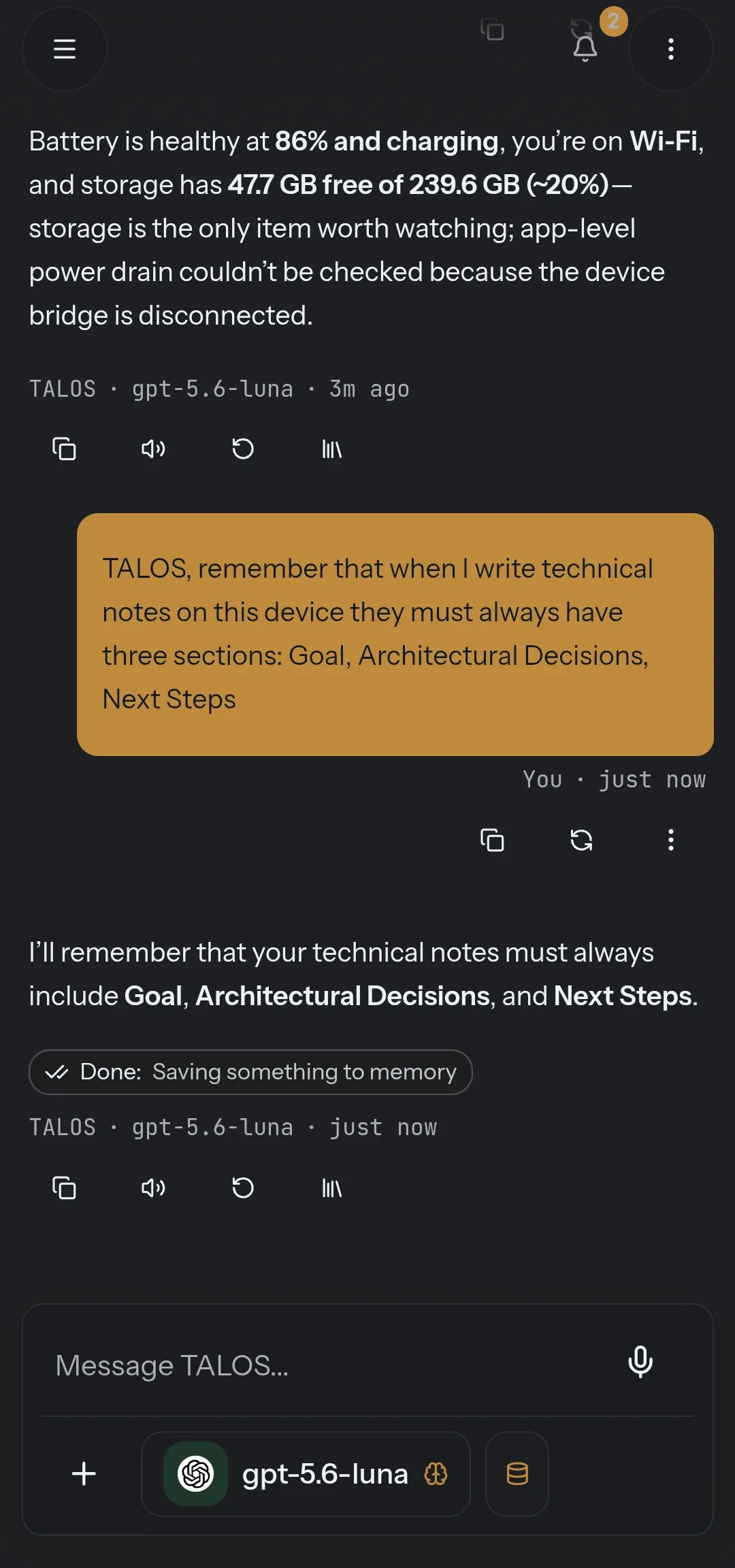 A chat where TALOS saves a rule to memory: technical notes must always have three sections.