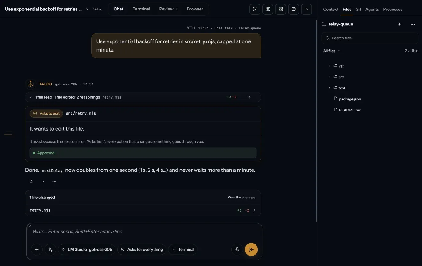 A permission card in the chat: it wants to edit src/retry.mjs, approved; then the answer and 1 file changed.