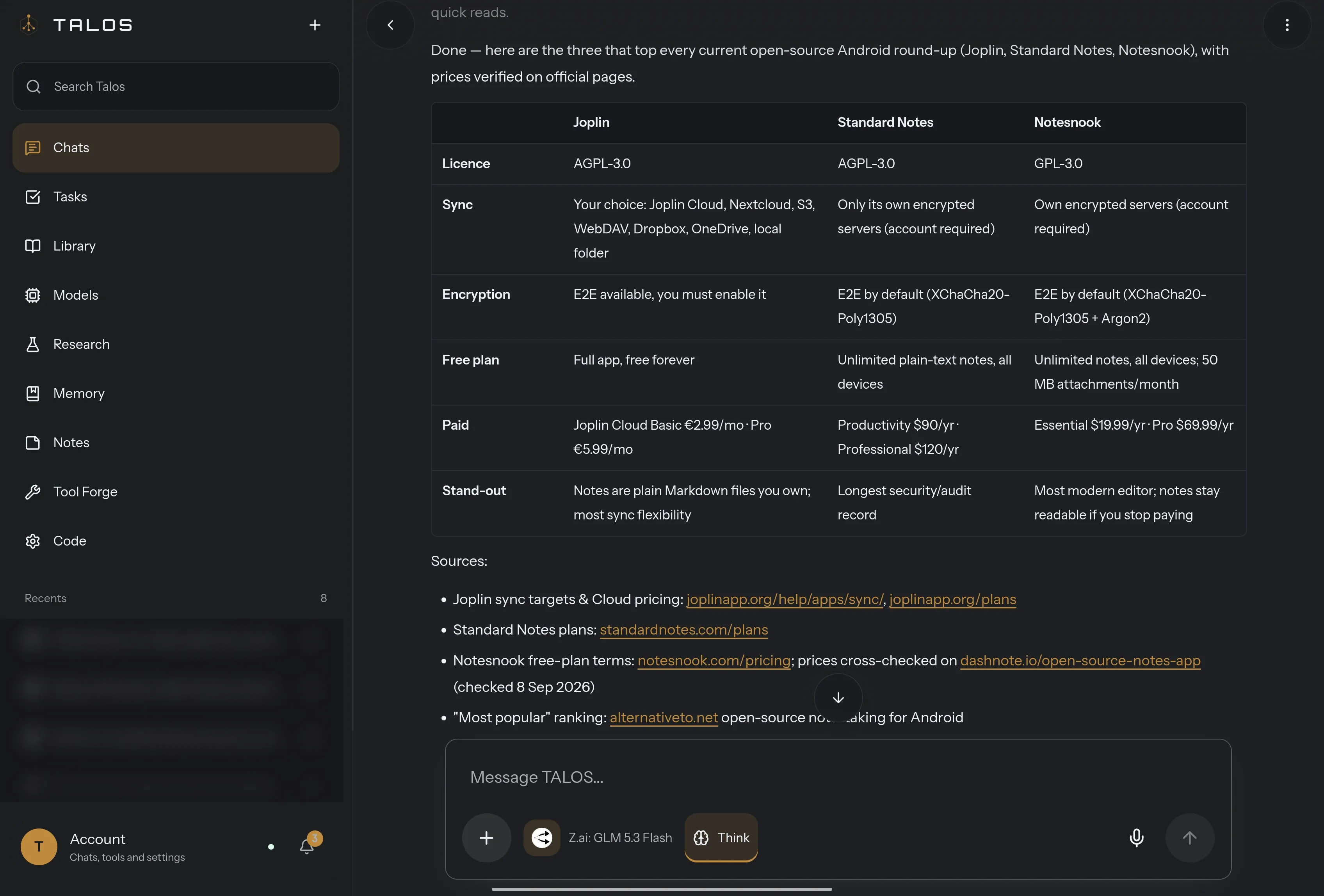 A comparison table of three note-taking apps with the sources listed below it.