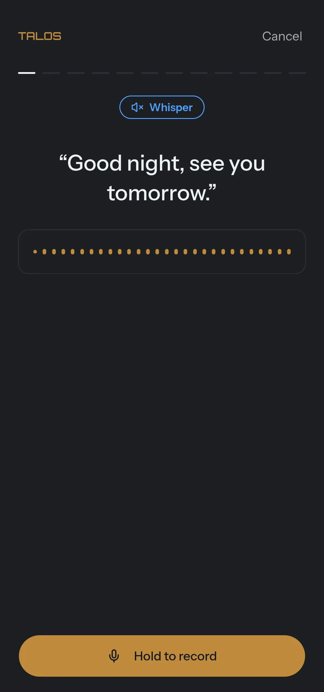 Voice training: the sentence “Good night, see you tomorrow.” to read aloud, with a Hold to record button.